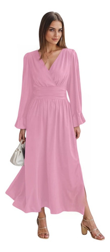 Vestido Maxi Elegante De Cuello V Y Mangas Largas Anchas #14