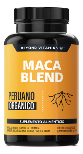Maca Blend Maca Peruana Orgánica con Pimienta Negra - Maca Negra - Sin Azúcar Suplemento Alimenticio Vegano Beyond Vitamins Testo 180 Cápsulas
