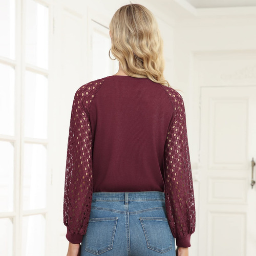Blusa De Encaje De Manga Larga Con Cuello Redondo Para Mujer