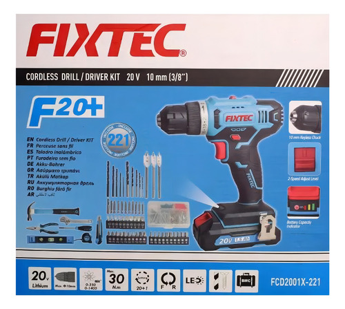 Furadeira Eletrica Sem Fio Com Kit 221pcs - Fixtec Cor Azul