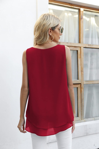 I Blusa Casual De Doble Capa De Chifón Sin Mangas Para Mujer