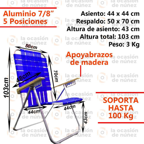 Imagen 2 de 6 de Reposera Aluminio 5 Posiciones Apoyabrazo Madera Playa X 2