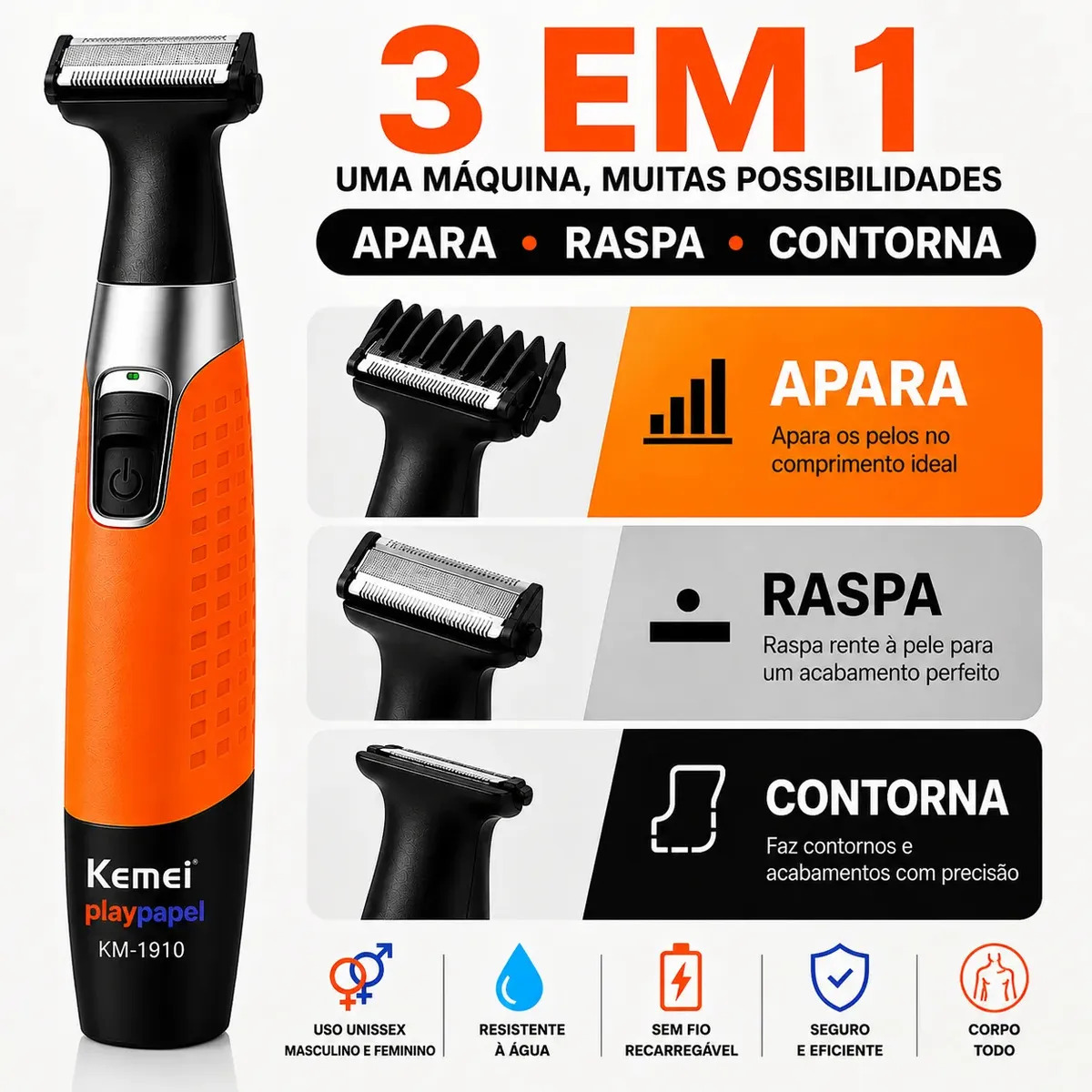 Barbeador Elétrico Kemei Km-1910 Aparador Depilador De Pelos Íntimos Corpo Masculino Feminino Recarregável Sem Fio Usb Com 4 Pentes Resistente  À Água Laranja 5v