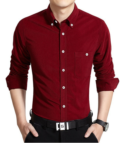 Camisa Para Hombre Manga Larga Casual Unicolor Con Bolsillo