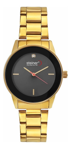 Reloj Análogo Minimalista De Dama Steiner 38mm Acero Inox Correa Dorado Bisel Dorado Fondo Negro