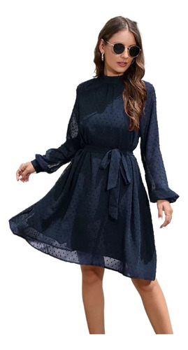 Vestido Casual De Moda Con Cinturón Manga Larga Para Mujer