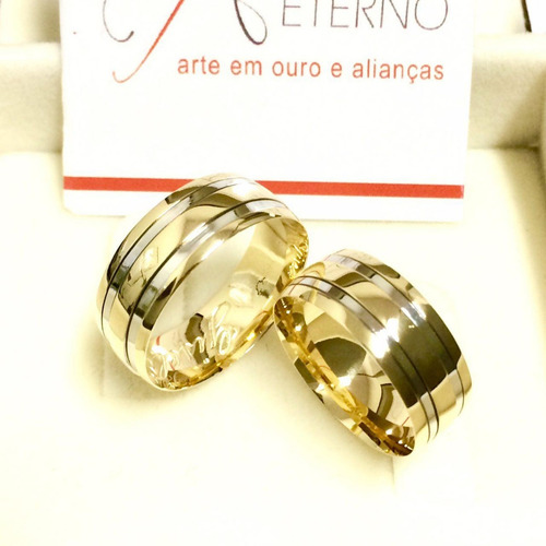 Par Alianças De Ouro 18k C/ Friso Branco 12g 8mm Com Pedra