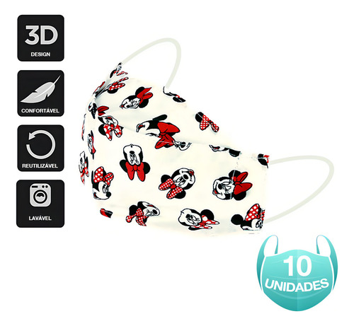 Mascarillas de tela 3D lavables blancas de Minnie Mouse, 10 unidades, color blanco