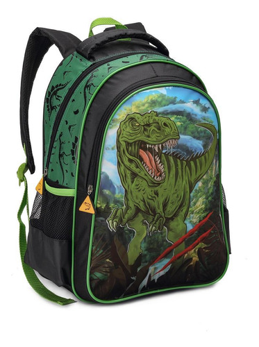 Mochila Escolar Reforçada Dinossauro Verde 41,5x30x13cm