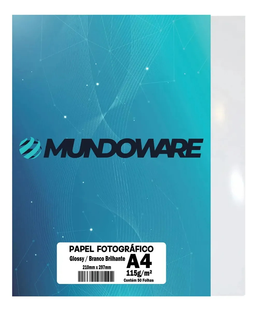 Papel Glossy A4 115g Fotográfico Brilhante 50 Fls Mundoware Branco