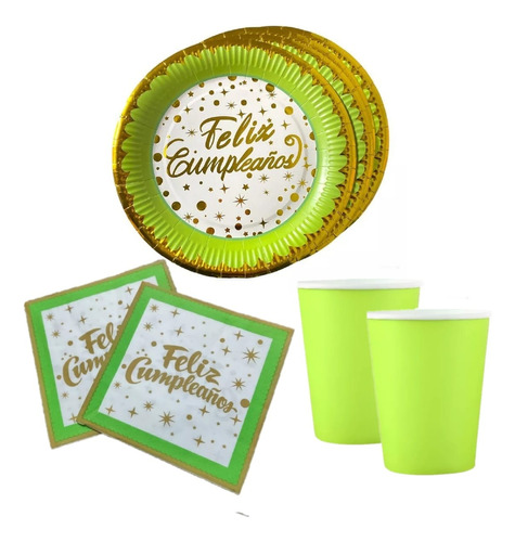 Globi® Set Cumpleaños Verde Platos Vasos Servilletas X40 Pzs