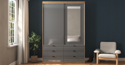 Guarda-roupa Roupeiro Cinza Grafite 2 Portas De Correr, 6 Gavetas, Espelho E Puxador Metálico - Estrutura Robusta Em Mdf, Ideal Para Quarto De Casal Ou Solteiro Design Industrial