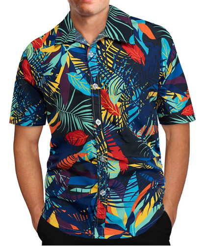 Camisa De Manga Corta Con Solapa Y Estampado Hawaiano A T-sh