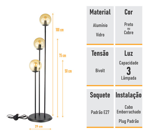 Abajur Coluna Newton 3 Globos Esfera De Vidro Cúpula Vidro Âmbar Estrutura Preto