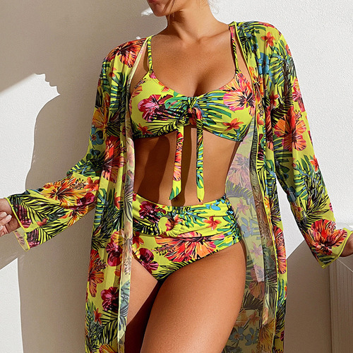 Conjunto Saidas Praia Mujer Kimono + Bikini Floral