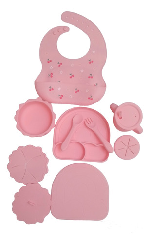 Set Vajilla Silicona Bebe Plato,babero, Vaso, Cubiertos Rosa