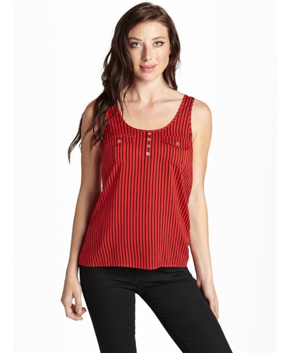 Guess Blusa Manga Cero Medium Roja Con Rayas Azules