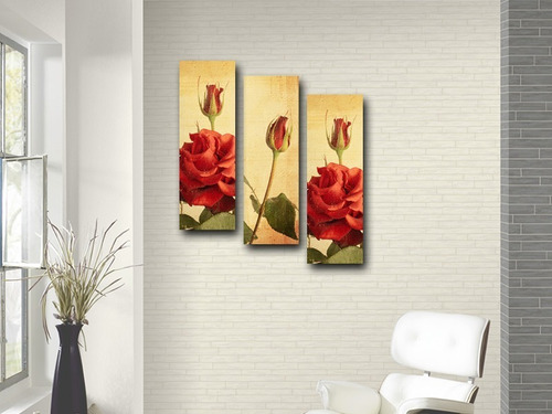 Imagem 2 de 6 de Trio De Quadros Tela Floral Vermelho 20x60cm Rosas E Tulipa