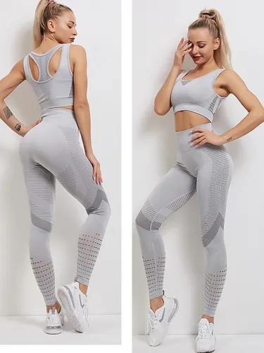 Conjunto Deportivo Lycra Tiro Alto + Crop Top Gris Ref 5070