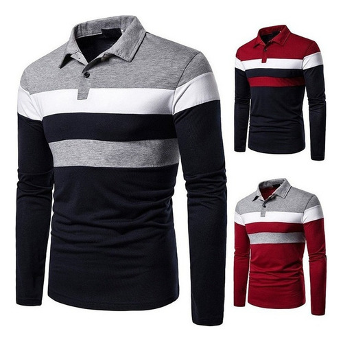 Yo) Men's Striped Polo Shirt With Lapel Long Sleeves