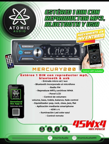 Estereo Un Din . Atómic Audio. Mercury 200. Cara Fija.