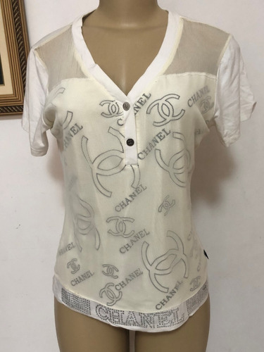 Blusa Chanel Manga Curta Original Malha Tule Creme G