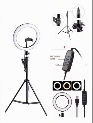 Iluminador Ring Ligth Anel Luz 26cm Tripé 2.1m Led Fotos Mak