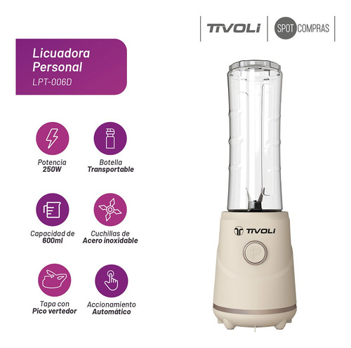 Licuadora Personal Tivoli 600ml 250w Botella Portátil + Tapa