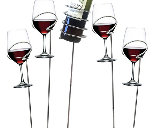 Picnic Wine Sticks 5 Pc Set 5 Silver Bottle Glass Holde...