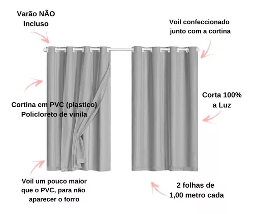 Cortina Blackout Pvc Com Tecido Voil Xadrez 2,00 M X 1,40 M