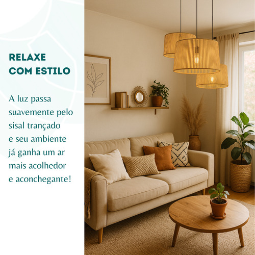 Kit 2 Lustre Pendente Rústico Grande 50cm Sisal Com Fio