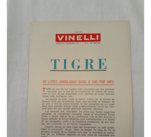 Publicidad Antiguo Folleto De Loteo Vinelli Tigre Año 1969