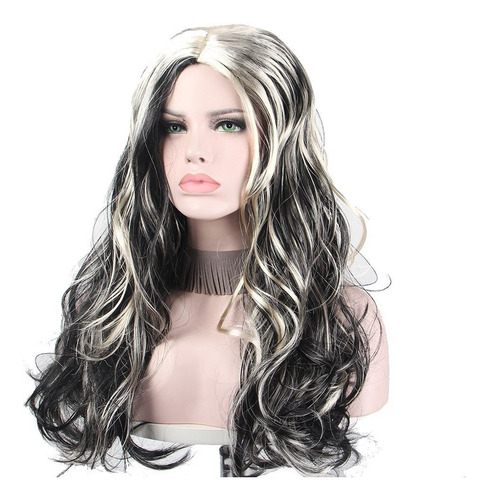 Peruca Longa Feminina Cabelo Preto Com Mechas Branco Loiro
