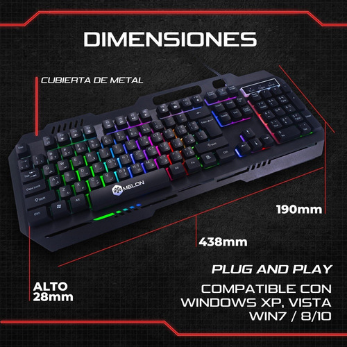 Imagen 7 de 10 de Combo Kit Gamer Melon Gm200 Teclado Rgb Mouse 3200 Dpi