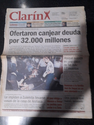 Tapa Diario Clarín 02 6 2001 Corralito Economía Deuda 