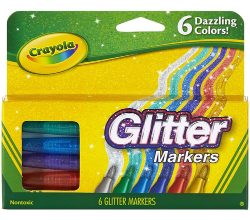 Caja 6 Marcadores Brillantes Crayola Purpurina Colores