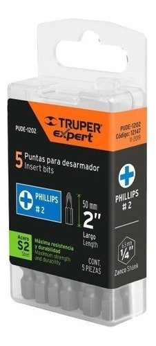  Kit Juego 5 Puntas Phillips Ph2 X 50 Mm Truper 1/4 