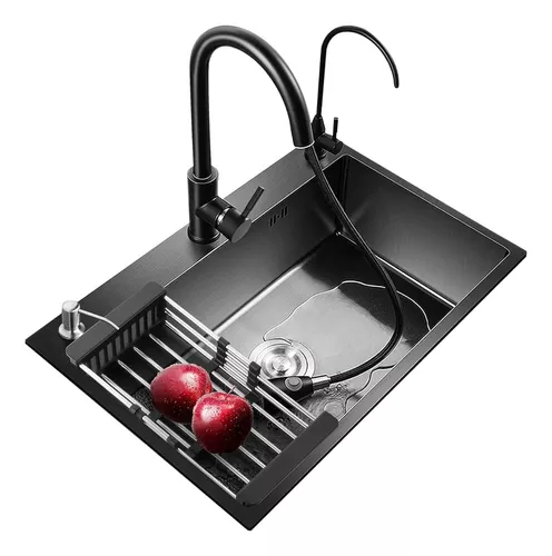 Fregadero de cocina negro de acero inoxidable con lavadora de tazas,  fregadero negro con grifo, grifo extraíble negro, accesorios completos  (tamaño 