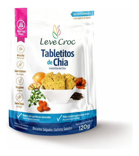 Kit 6x: Biscoito Tabletito Chia Sem Glúten Leve Crock 120g