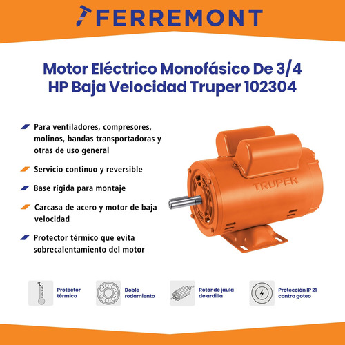 Motor Eléctrico Monofásico 3/4hp Baja Vel. Truper 102304
