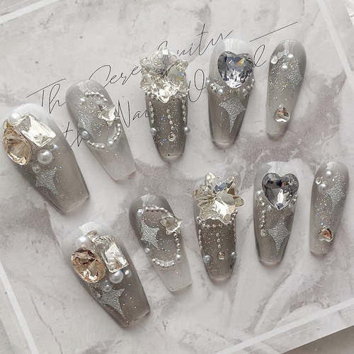 Uñas A Presión En Forma De Ataúd, Color Gris Estrella, Uñas