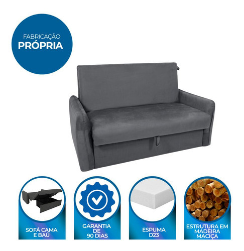 Sofá Cama Para Sala De Estar Zaia Com Baú Veludo Matrix Cor Chumbo