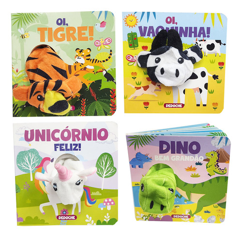 Kit Com 4 Livros Dedoche Interativos Cartonados Coleção Dedinhos Fantoches Vaquinha Dinossauro Unicórnio Tigre