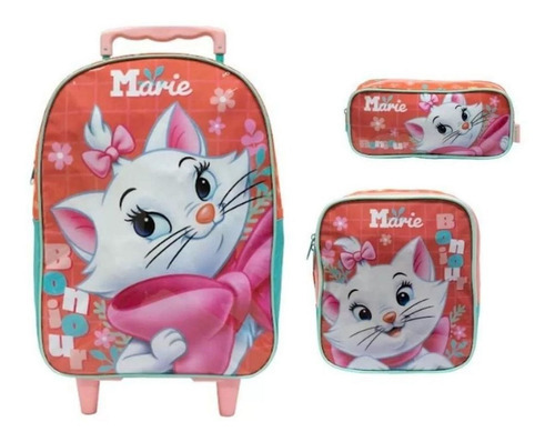 Kit Mochila Rodinhas Lancheira Estojo Gata Marie G  Xeryus