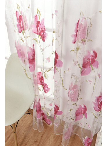Cortina Rosa De Gasa Transparente Con Estampado De Flores, 1