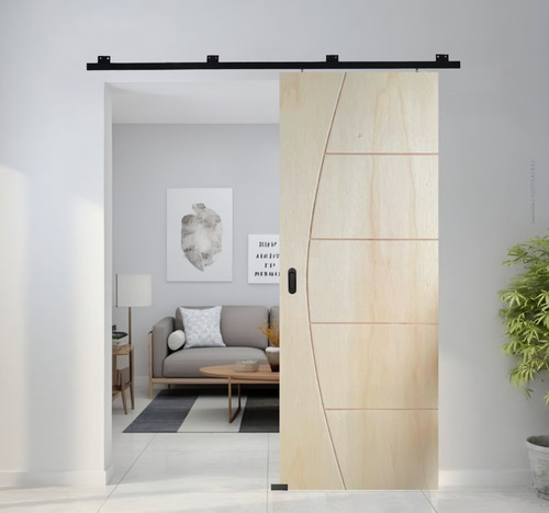 Porta Correr Frisada Amadeirada 90x210 Kit Alumínio Preto Bege