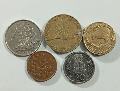 5 Monedas De New Zelanda Diferentes 10-20-50-cent 1-2 Dollar (Usado)