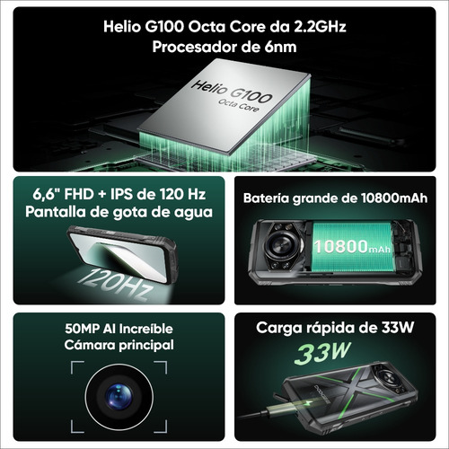Celular Doogee S Cyber Pro Dual Sim 512 Gb Rom 12 Gb Ram Smartphone Cámara Principal De 50 Mp Pantalla Ips De 6.6 120hz Helio G100 33w Carga Rápida