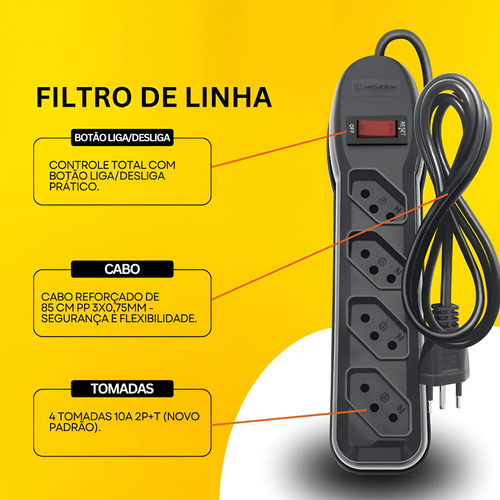 Filtro De Linha 4 Tomadas 1 Metro Extensão Régua Com Fusível