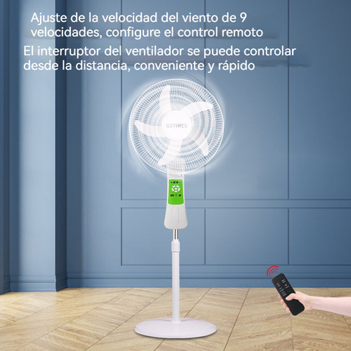 Ventilador De Piso Solar Recargable De Batería Silencioso 16 Pulgadas Con Luz Led Y Control Remoto,9 Velocidades Ajustables, 180° Giratorio